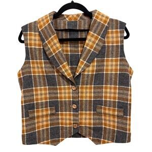 Handmade Plaid Wool Vest Size M‎ Crop Academia Blokecore College Preppy Mustard